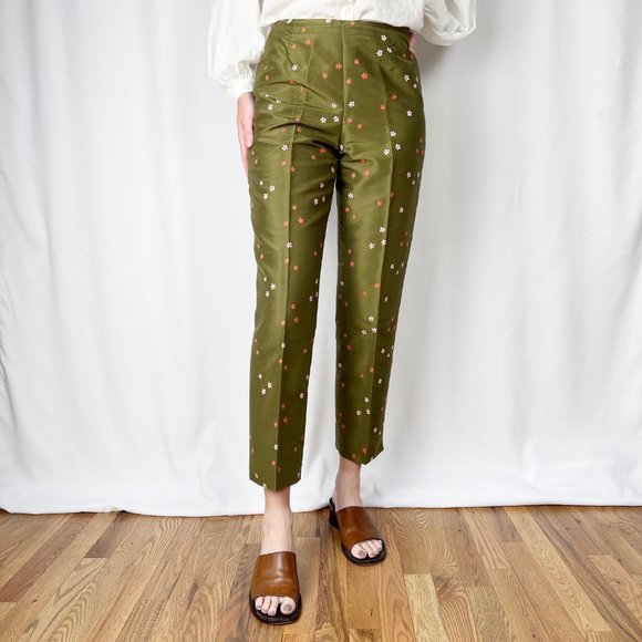 Vintage 100% Silk Embroidered Floral High Waisted Straight Slim Trouser Pants 4 - Picture 6 of 6